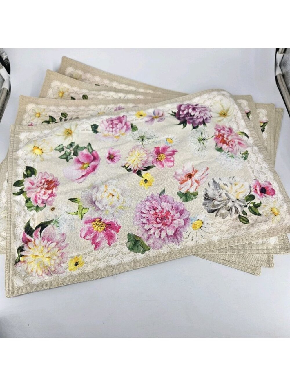 Maison D' Hermine Spring Pink Floral Cotton Placemats Set 4 Dining Table Decor